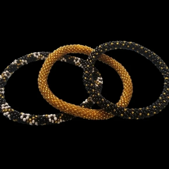 Nepal Roll on Bracelets - Black and Gold Set of 3 Handmade NWT - Picture 3 of 6
